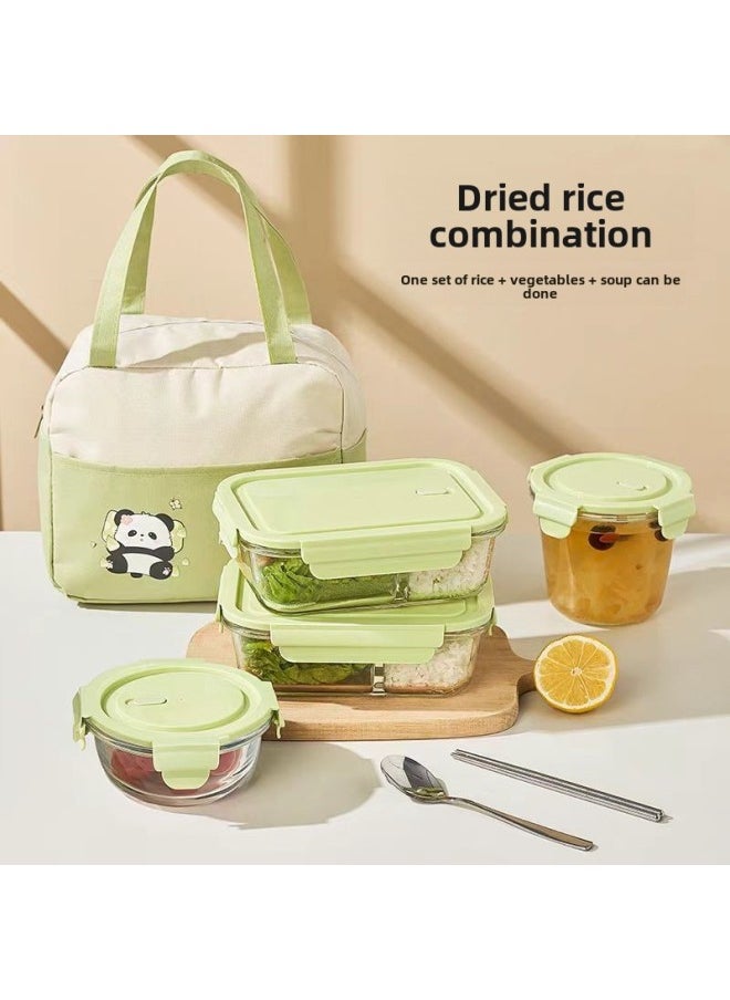 Glass Lunch Box Microwave Oven Heating Fresh-keeping Bowl Lunch Box For Suit Office Workers 2025 Lunch Box Soup Bowl Combination-Specifications:Matcha Green  + Panda Bag + Panda Stainless Steel Tableware