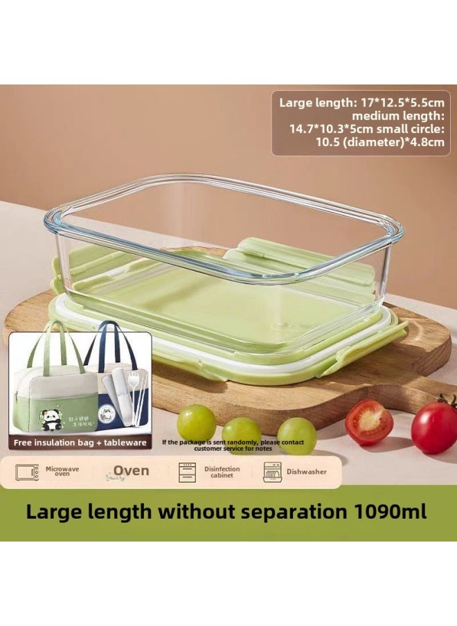 Glass Lunch Box Microwave Oven Heating Fresh-keeping Bowl Lunch Box For Suit Office Workers 2025 Lunch Box Soup Bowl Combination-Specifications:Matcha Green  + Panda Bag + Panda Stainless Steel Tableware