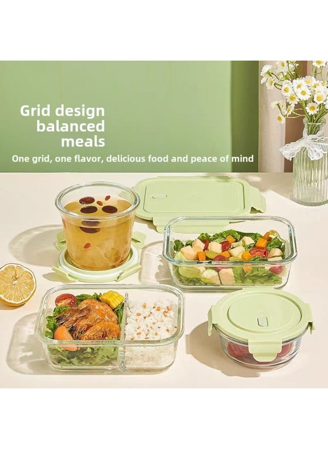 Glass Lunch Box Microwave Oven Heating Fresh-keeping Bowl Lunch Box For Suit Office Workers 2025 Lunch Box Soup Bowl Combination-Specifications:Matcha Green  + Panda Bag + Panda Stainless Steel Tableware