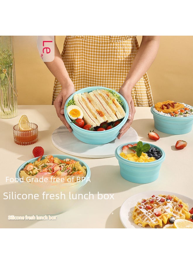 Portable Folding Plastic Lunch Box Silicone Round Electric Heated Rice Box Insulated Bento For Picnic Travel-Specifications:1200ml Round-Color:Blue Edge Gray