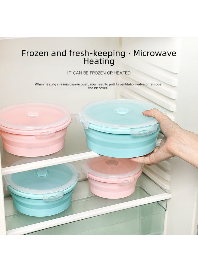 Portable Folding Plastic Lunch Box Silicone Round Electric Heated Rice Box Insulated Bento For Picnic Travel-Specifications:1200ml Round-Color:Blue Edge Gray