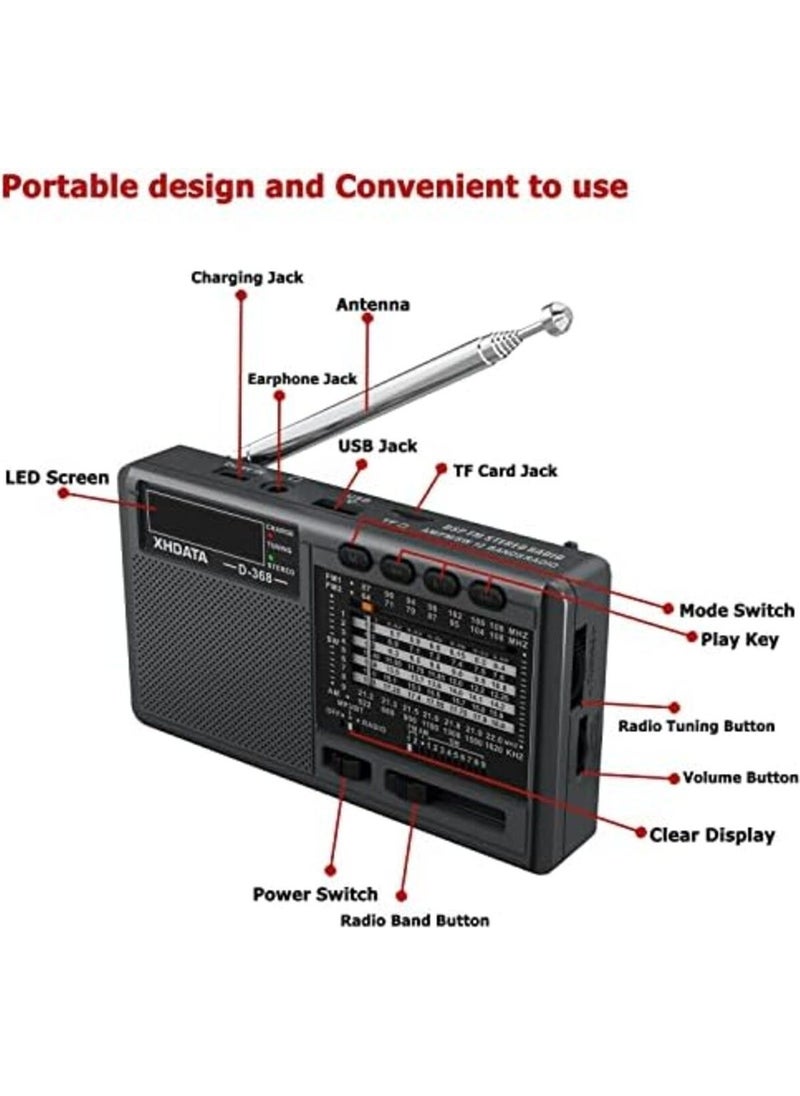 D368 Shortwave Am Fm 12 Band Dsp Stereo Portable Radio Mp3 Player Rechargeable