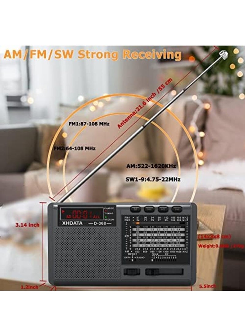 D368 Shortwave Am Fm 12 Band Dsp Stereo Portable Radio Mp3 Player Rechargeable