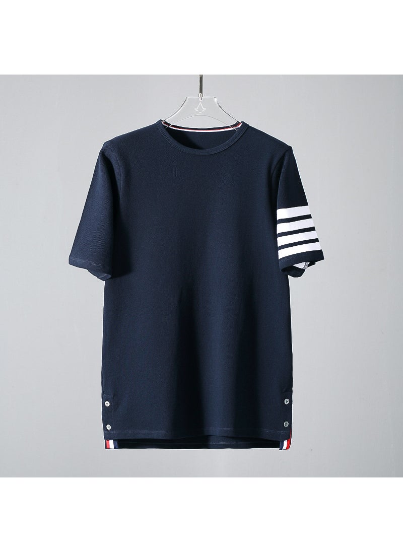 Tb Jl Stock Four Bar Pure Cotton Heavy Beaded Ground Tshirt Casual Versatile Short Sleeves Round Neck Bead Flowery Mens Tshirt Blue