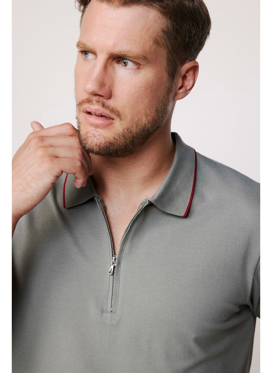 Men's Polo Neck Slim Fit Cotton Zipper Pique Gray T-Shirt