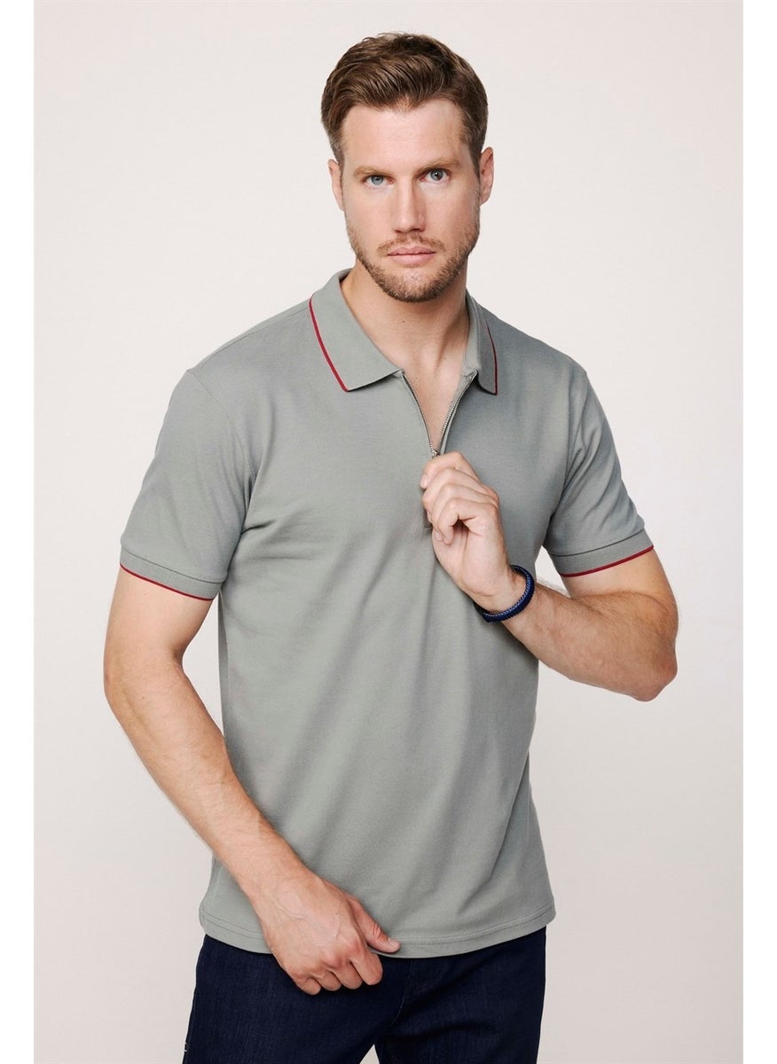 Men's Polo Neck Slim Fit Cotton Zipper Pique Gray T-Shirt