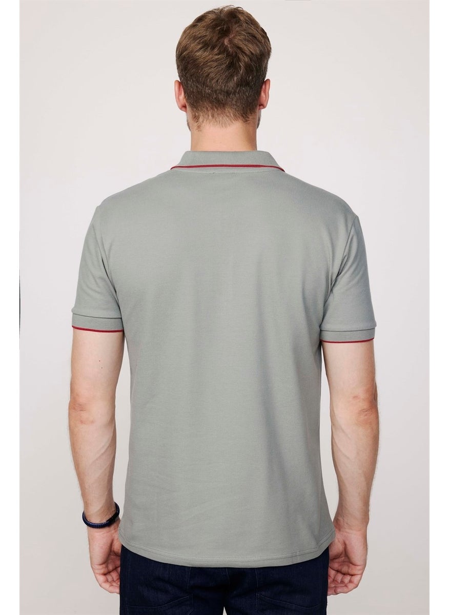 Men's Polo Neck Slim Fit Cotton Zipper Pique Gray T-Shirt