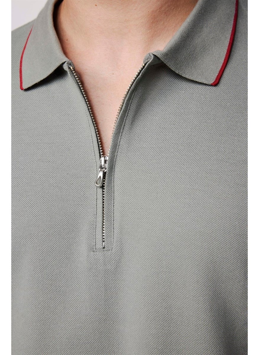 Men's Polo Neck Slim Fit Cotton Zipper Pique Gray T-Shirt