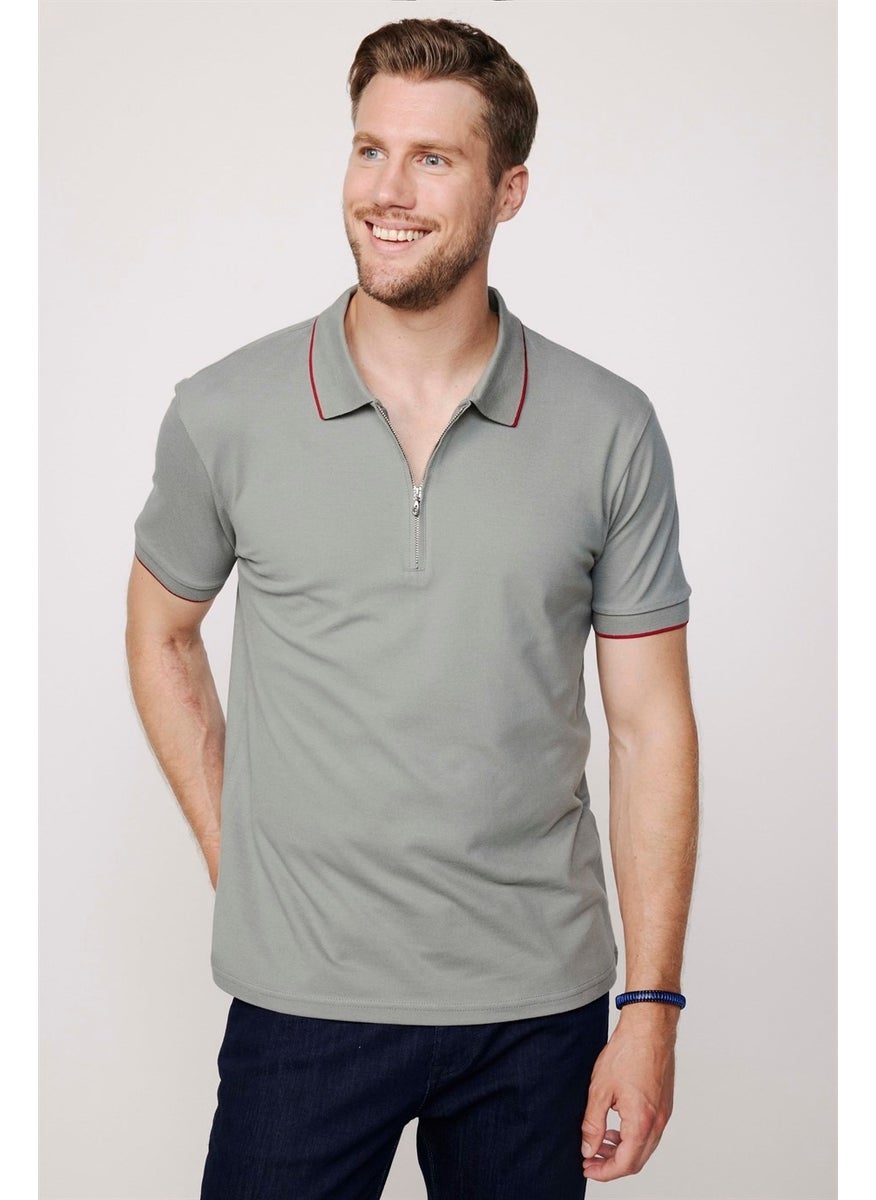Men's Polo Neck Slim Fit Cotton Zipper Pique Gray T-Shirt
