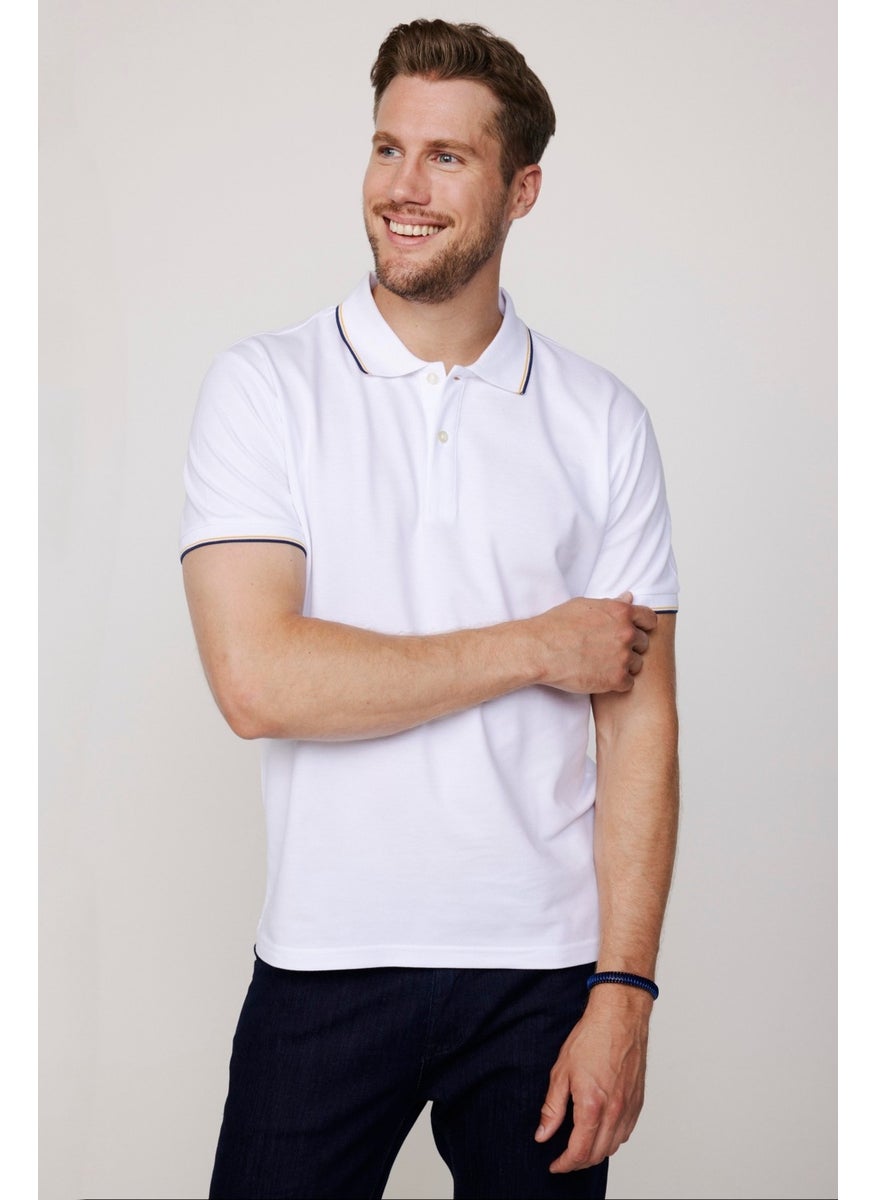 Men's Polo Neck Slim Fit Collar and Sleeve Striped Pique White T-Shirt