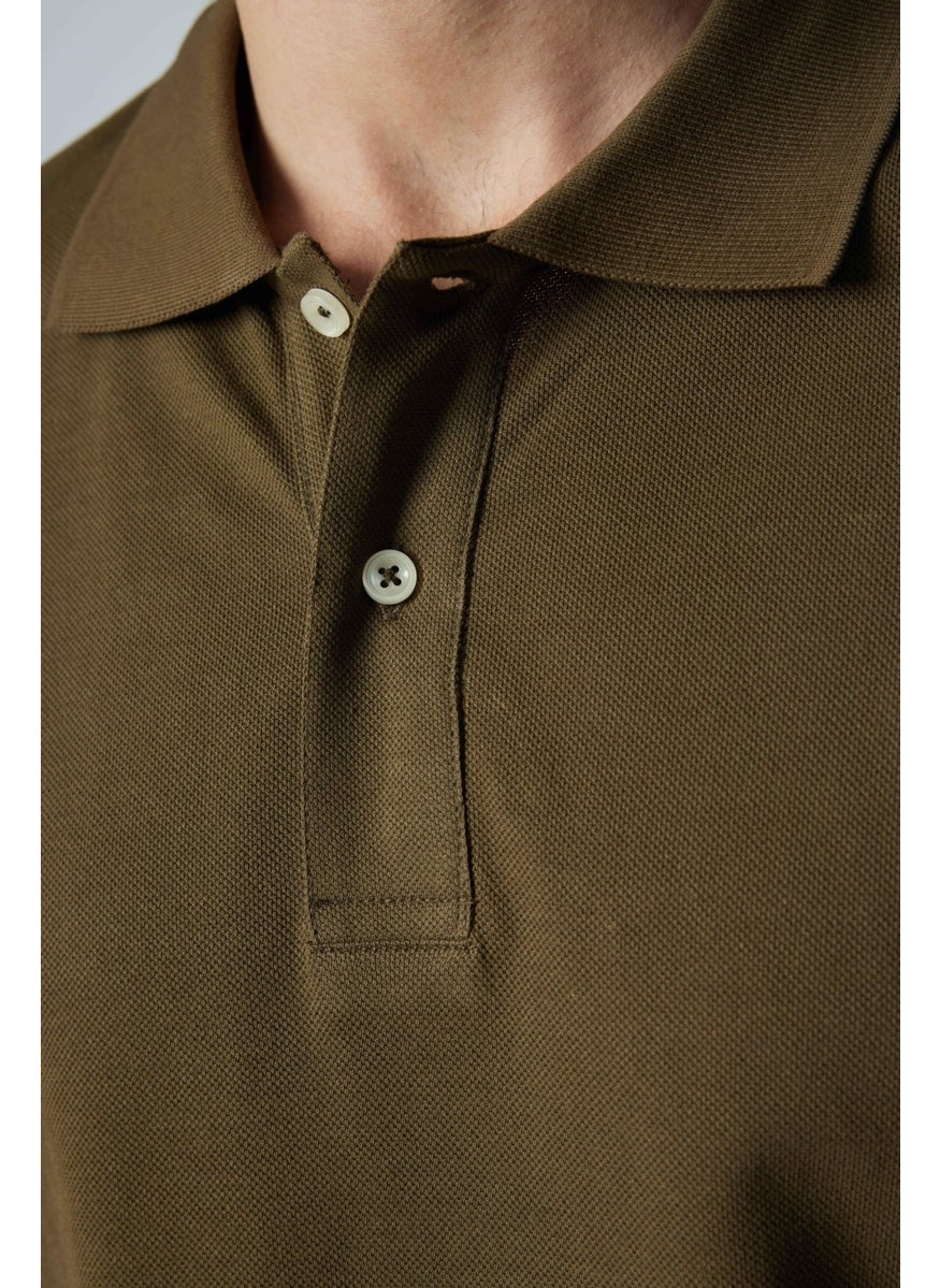 Men's Slim Fit Narrow Cut Cotton Plain Pique Khaki Polo Collar T-Shirt