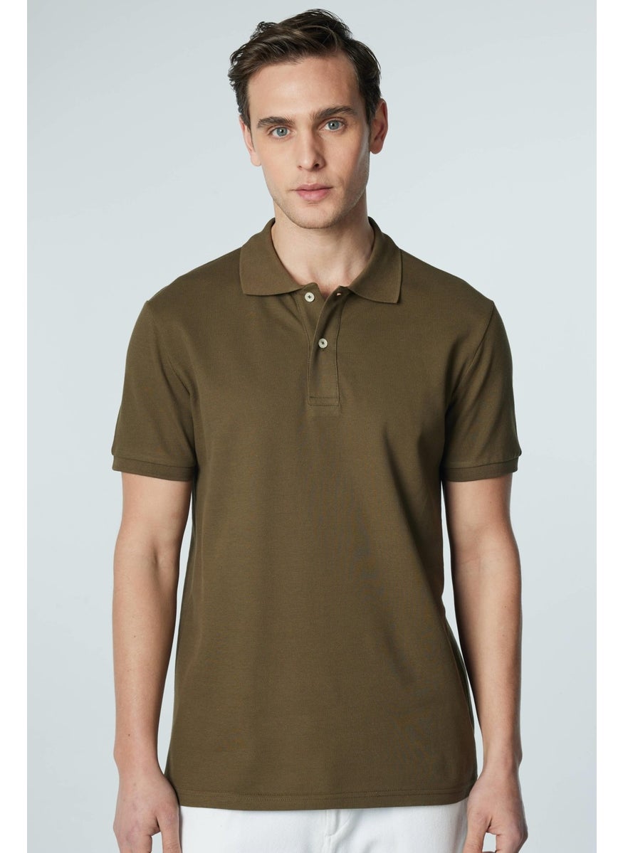 Men's Slim Fit Narrow Cut Cotton Plain Pique Khaki Polo Collar T-Shirt