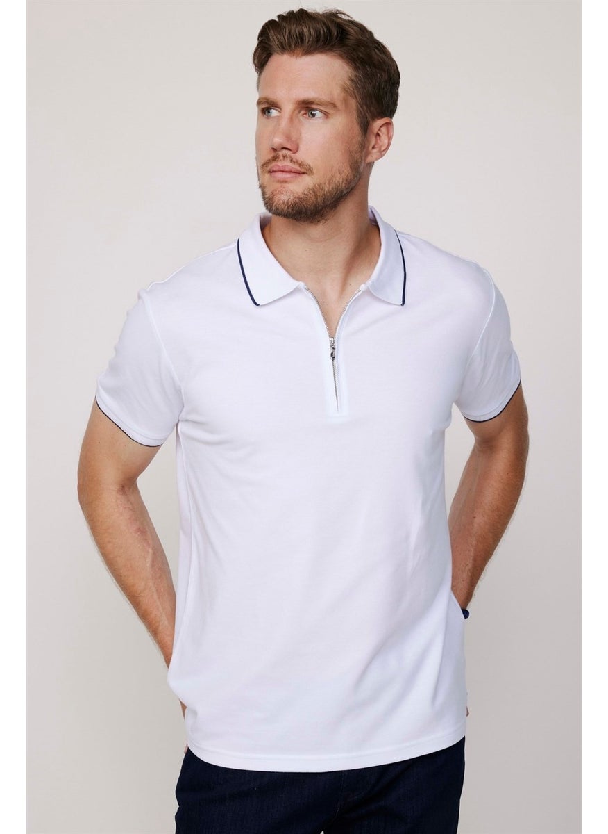 Men's Polo Neck Slim Fit Cotton Zipper Pique White T-Shirt