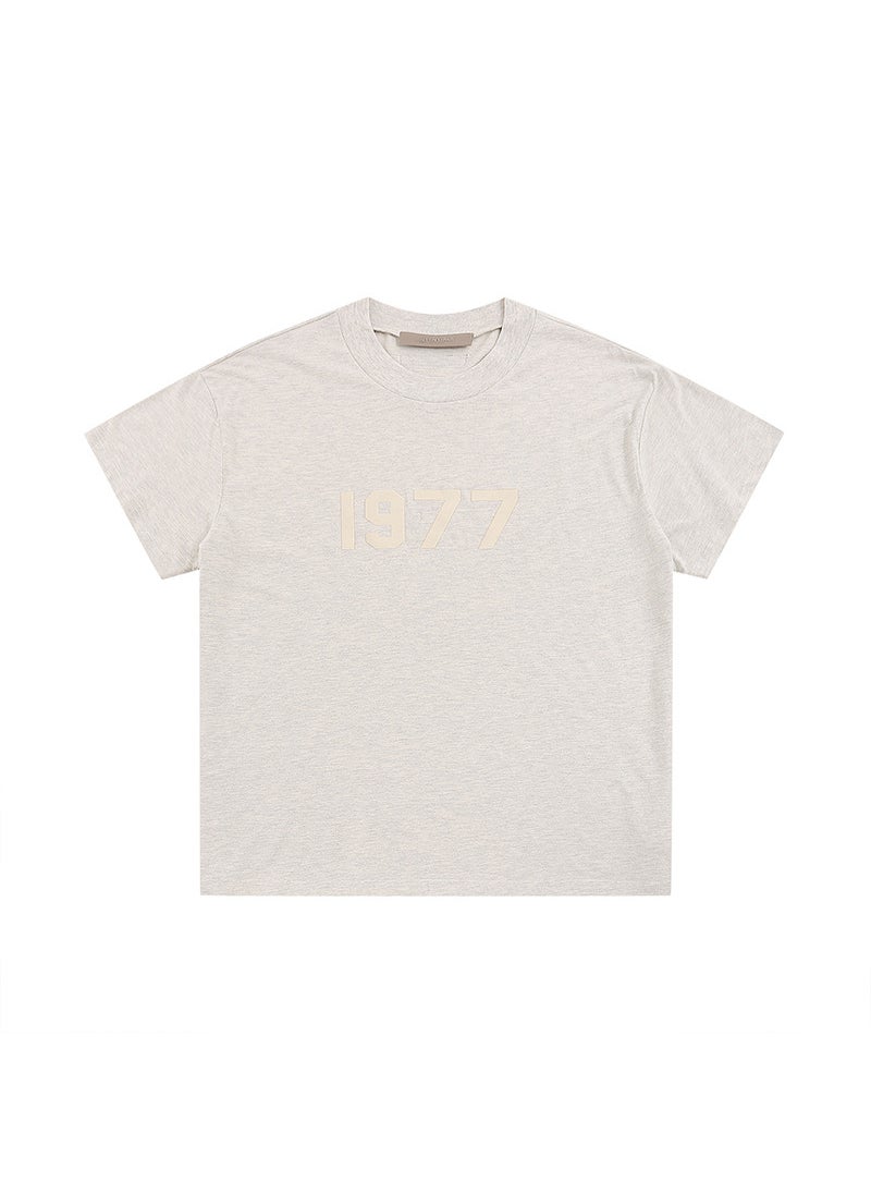 Essentials High Street Style Flocking round Neck Short Sleeve T-Shirt Mens Loose Fit Summer Casual Breathable Antibacterial Light gray