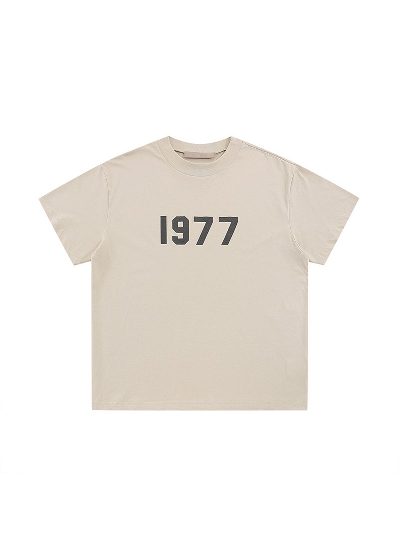 Essentials High Street Style Flocking round Neck Short Sleeve T-Shirt Mens Loose Fit Summer Casual Breathable Antibacterial WHEAT