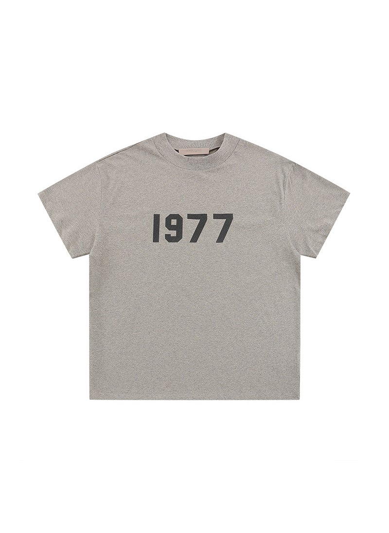 Essentials High Street Style Flocking round Neck Short Sleeve T-Shirt Mens Loose Fit Summer Casual Breathable Antibacterial Dark gray