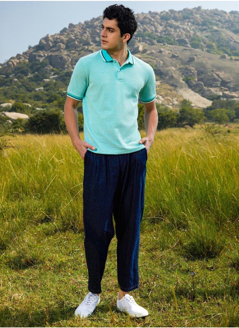 Men's Aqua Blue Multitrack Knit Polo T-Shirt