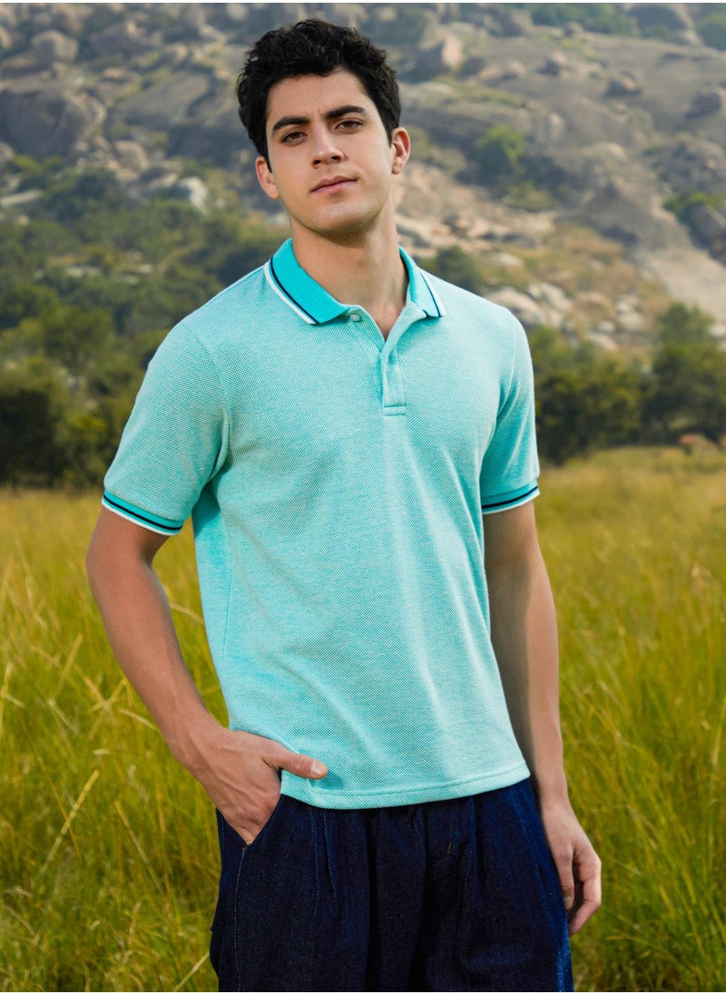 Men's Aqua Blue Multitrack Knit Polo T-Shirt