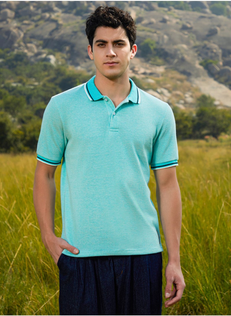 Men's Aqua Blue Multitrack Knit Polo T-Shirt