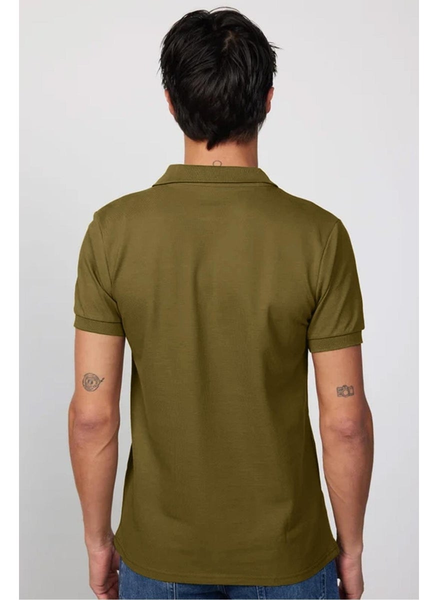 Men's Slim Fit Slim Cut 100% Cotton Plain Pique Khaki Polo Neck T-Shirt