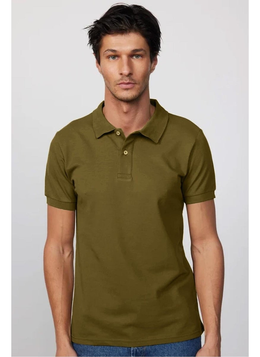 Men's Slim Fit Slim Cut 100% Cotton Plain Pique Khaki Polo Neck T-Shirt