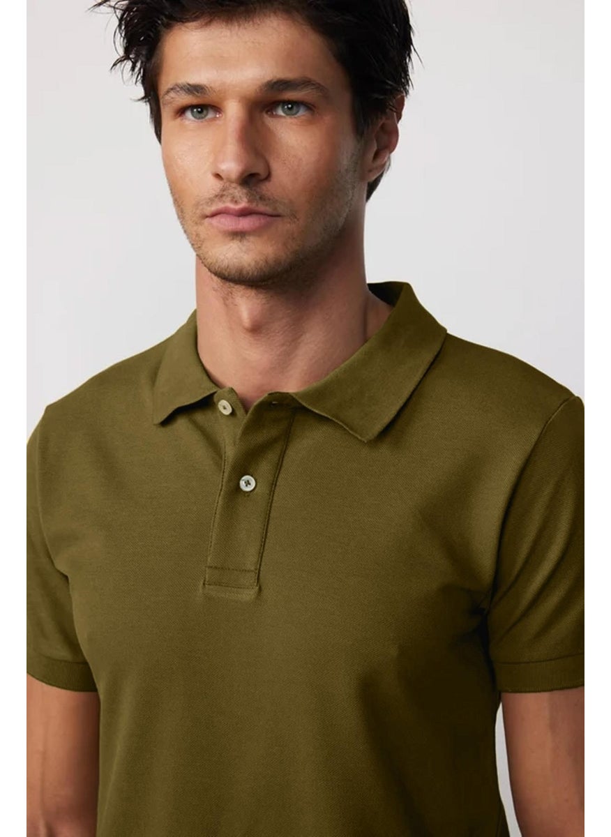 Men's Slim Fit Slim Cut 100% Cotton Plain Pique Khaki Polo Neck T-Shirt