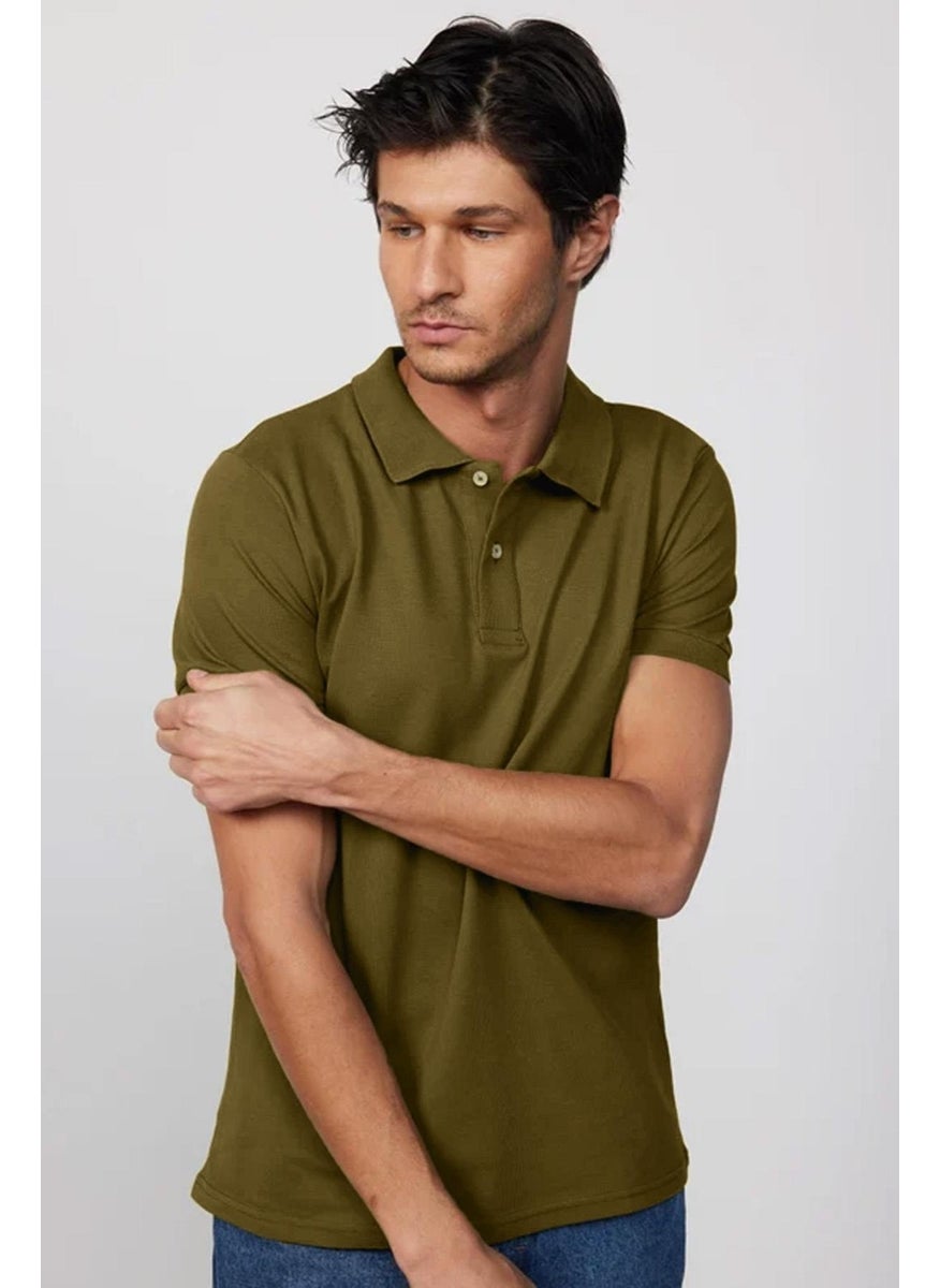 Men's Slim Fit Slim Cut 100% Cotton Plain Pique Khaki Polo Neck T-Shirt