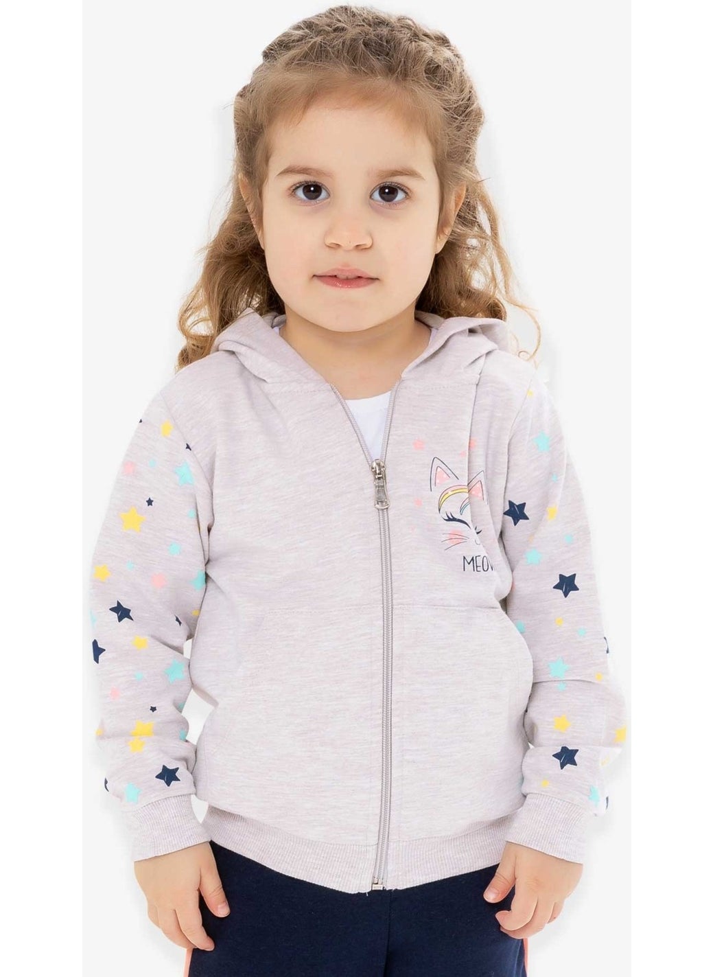 Girl Cardigan Sleeves Patterned Printed 1-4 Years, Beige Melange