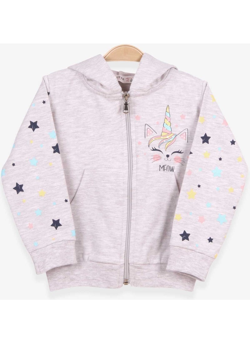 Girl Cardigan Sleeves Patterned Printed 1-4 Years, Beige Melange