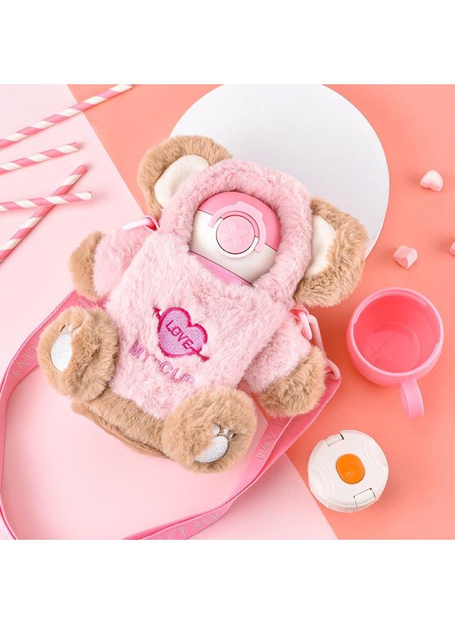 3 6 Vacuum Cup For Girls With Plush Cup Cover Kettle Crossbody Portable Cute Student Quilt Children Straw Water Cup