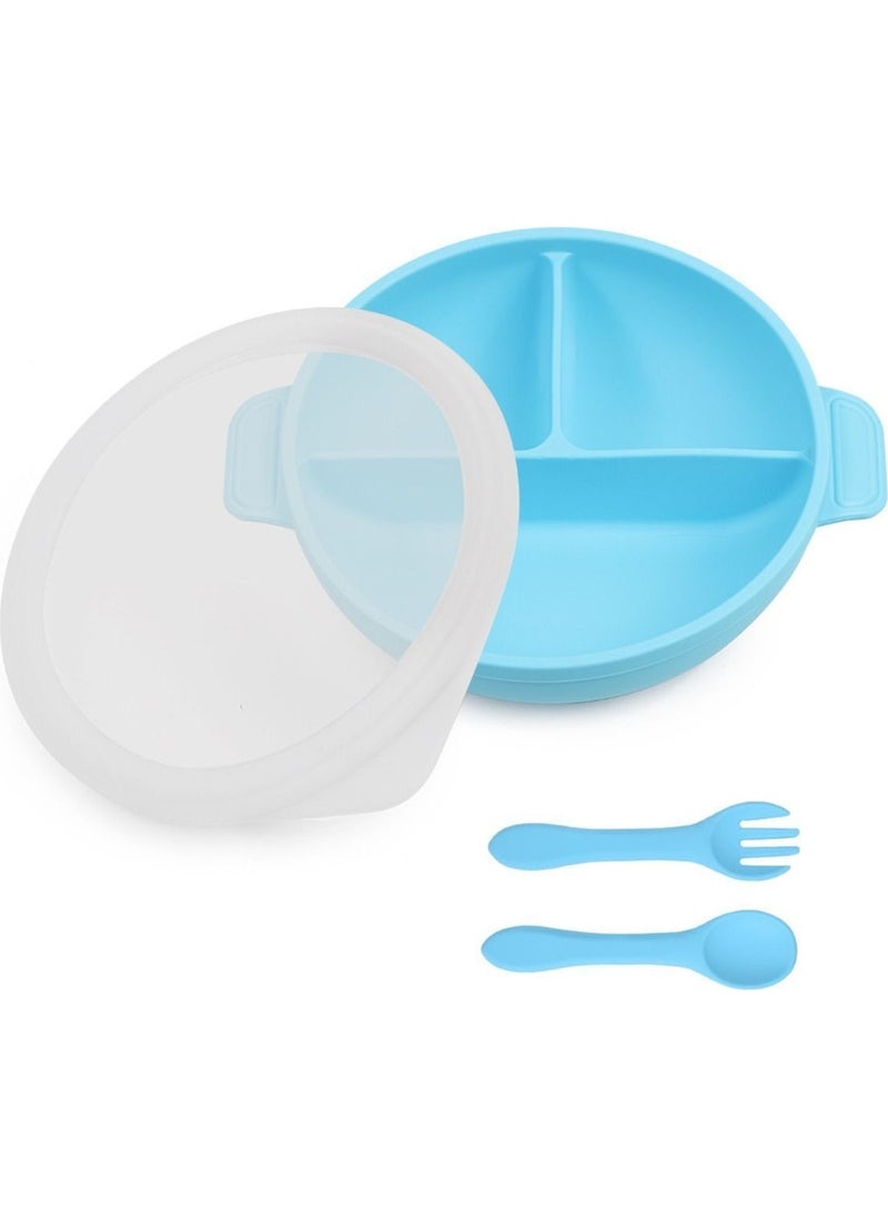 bebek Silicone Feeding Set Vacuum Silicone Food Plate (With Lid), Silicone Fork and Spoon / Blue