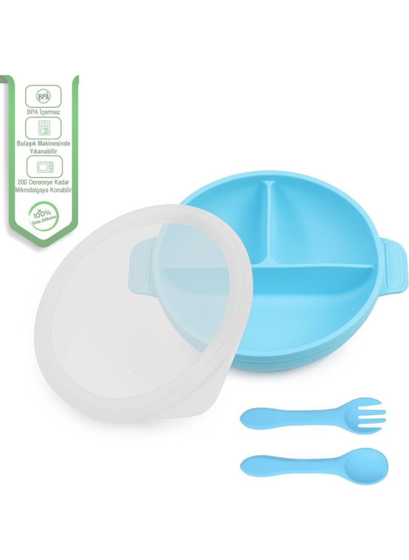 bebek Silicone Feeding Set Vacuum Silicone Food Plate (With Lid), Silicone Fork and Spoon / Blue