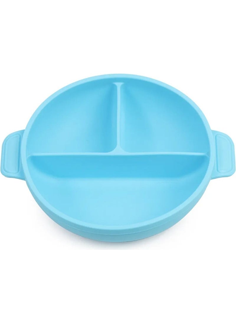 bebek Silicone Feeding Set Vacuum Silicone Food Plate (With Lid), Silicone Fork and Spoon / Blue