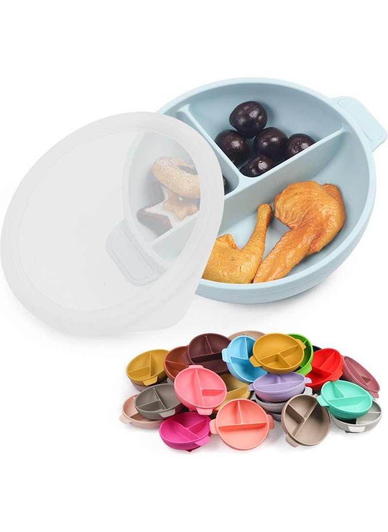 bebek Silicone Feeding Set Vacuum Silicone Food Plate (With Lid), Silicone Fork and Spoon / Blue