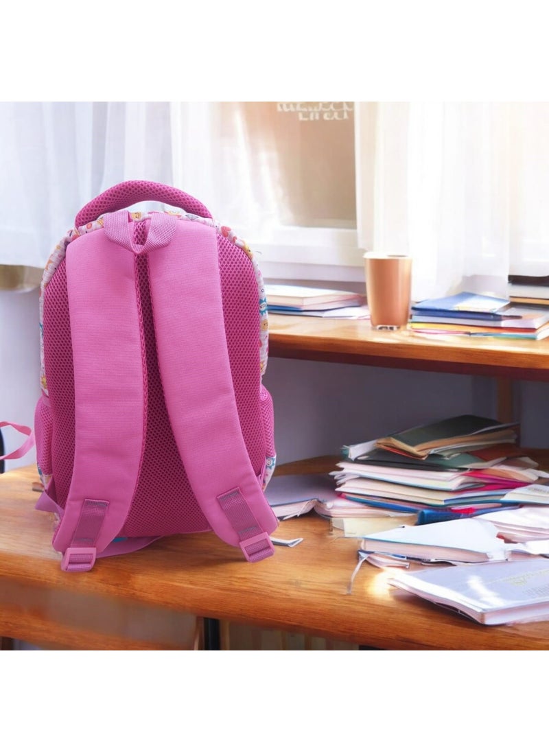 GENC DIGITAL PRINTING Pink Smiling Flower Face Patterned School Bag and Lunch Box (With Mascot Keychain Gift)