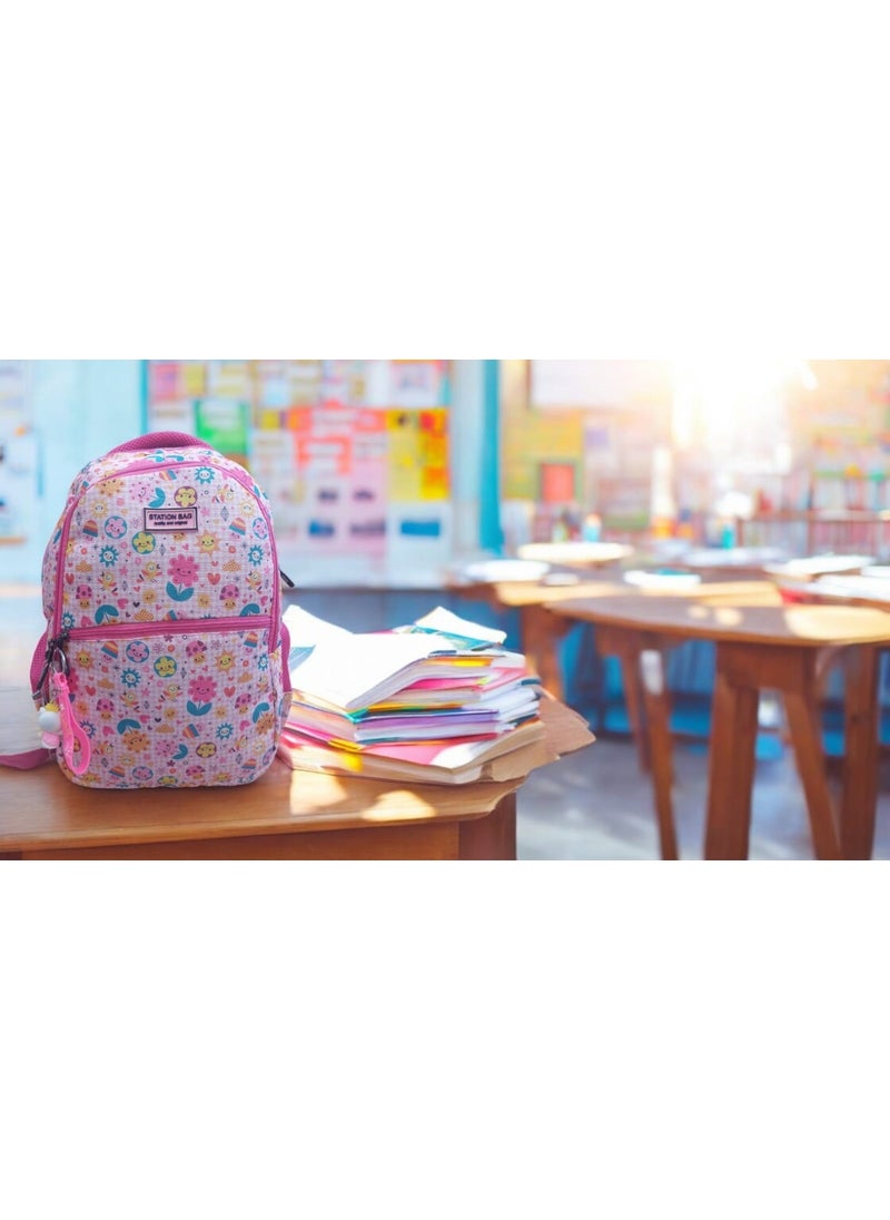 GENC DIGITAL PRINTING Pink Smiling Flower Face Patterned School Bag and Lunch Box (With Mascot Keychain Gift)