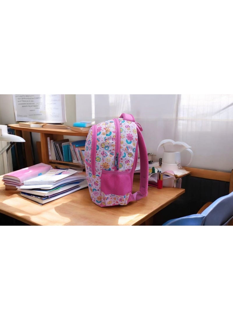 GENC DIGITAL PRINTING Pink Smiling Flower Face Patterned School Bag and Lunch Box (With Mascot Keychain Gift)