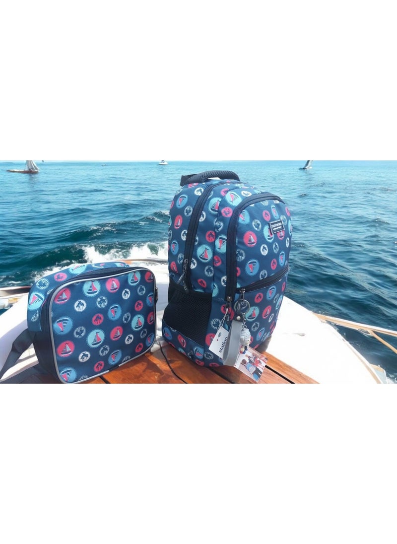 GENC DIGITAL PRINTING Sailing Sea Patterned Primary School Bag and Lunch Box (Mascot Keychain is a Gift)