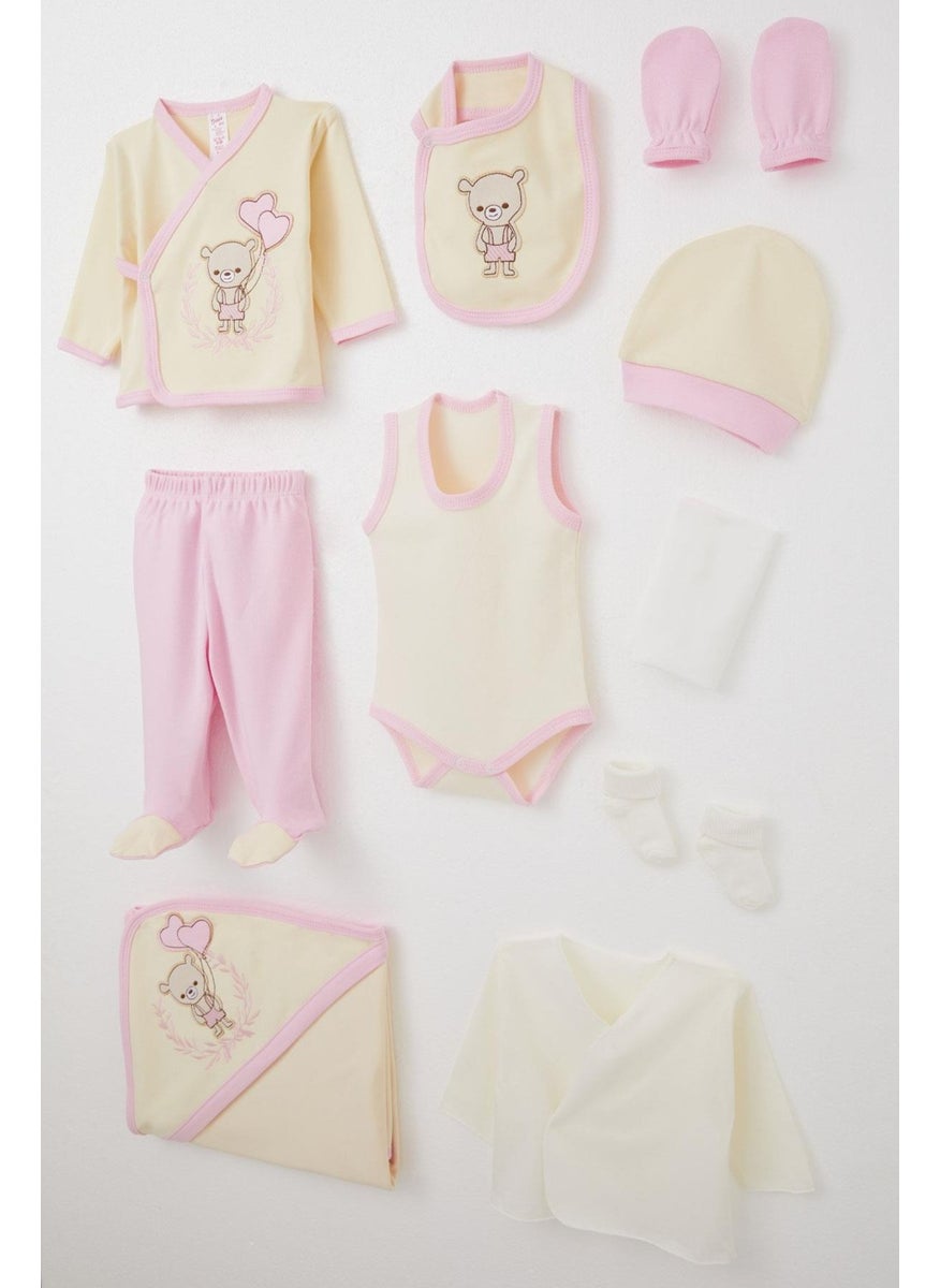 Baby Girl Hospital Delivery 10 Piece Love Themed Teddy Bear Embroidered 0-3 Months, Cream