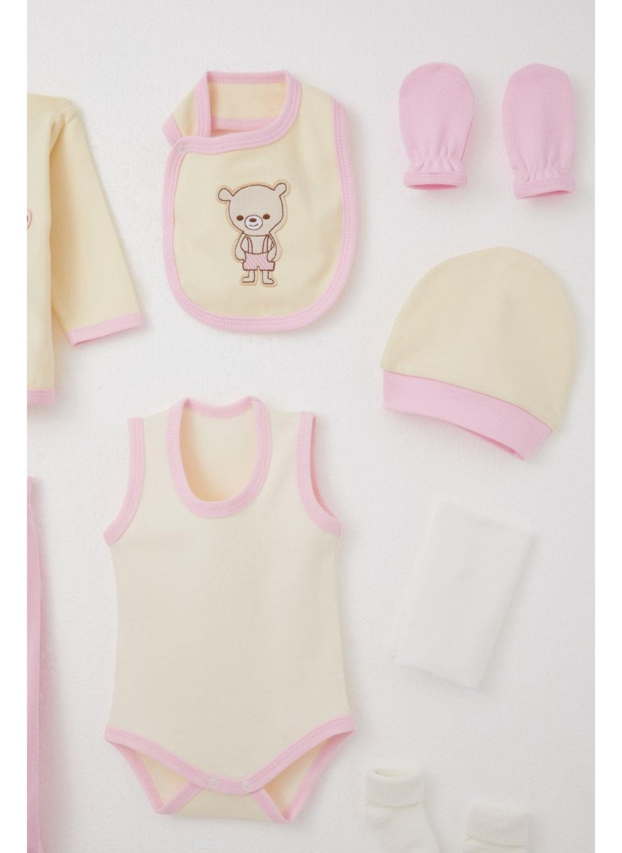 Baby Girl Hospital Delivery 10 Piece Love Themed Teddy Bear Embroidered 0-3 Months, Cream