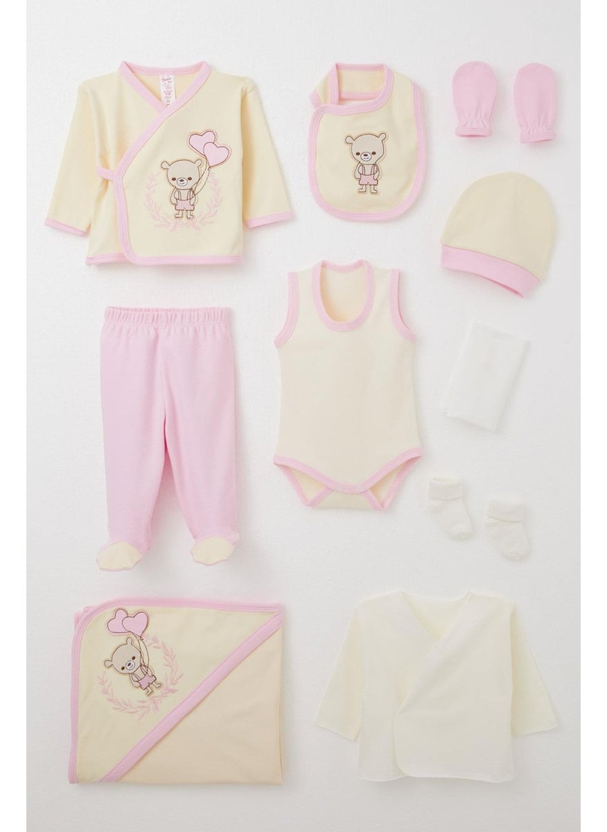 Baby Girl Hospital Delivery 10 Piece Love Themed Teddy Bear Embroidered 0-3 Months, Cream