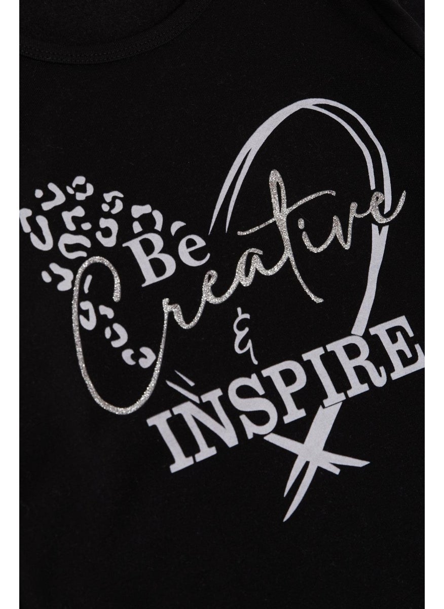 Girl Child Long Sleeve T-Shirt Text Printed Glitter 6-12 Years Black