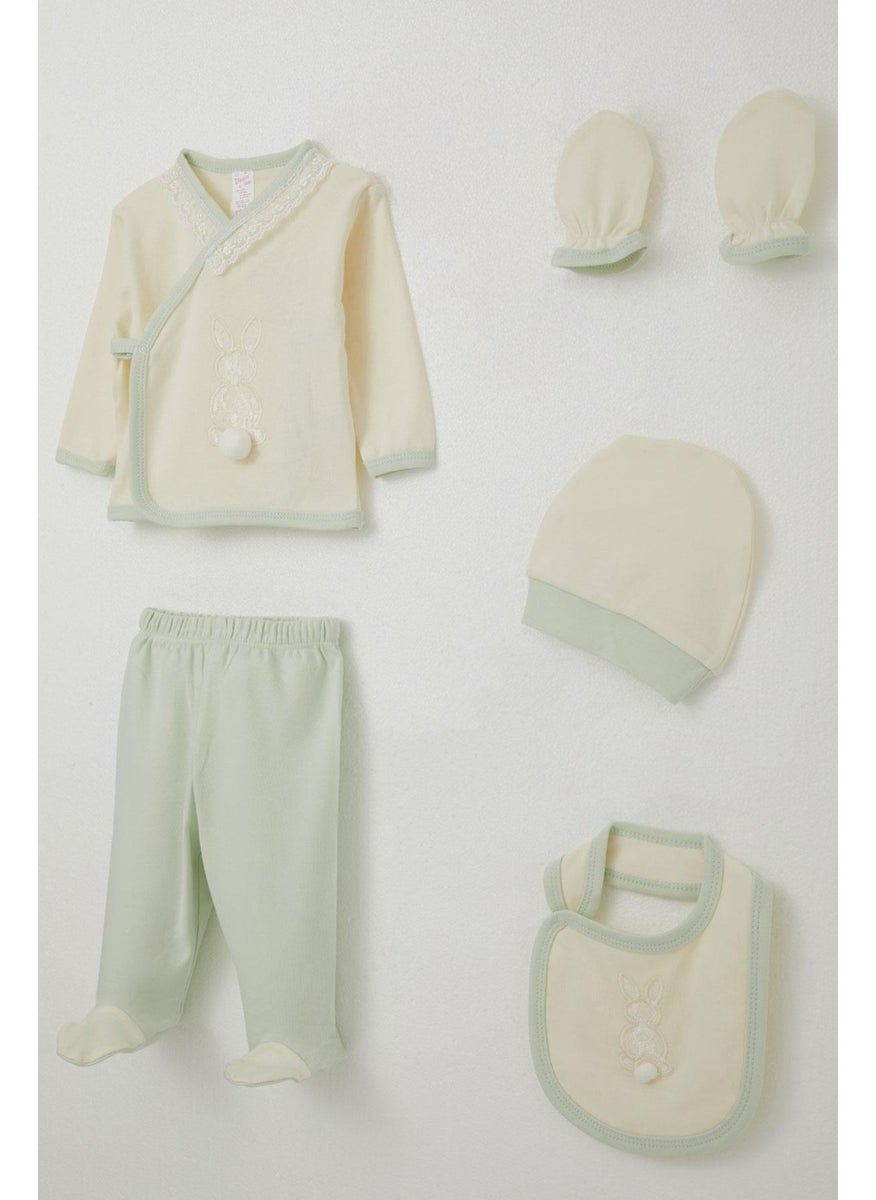 Baby Girl Hospital Delivery 5 Piece Rabbit Embroidered Pompom 0-3 Months, Cream