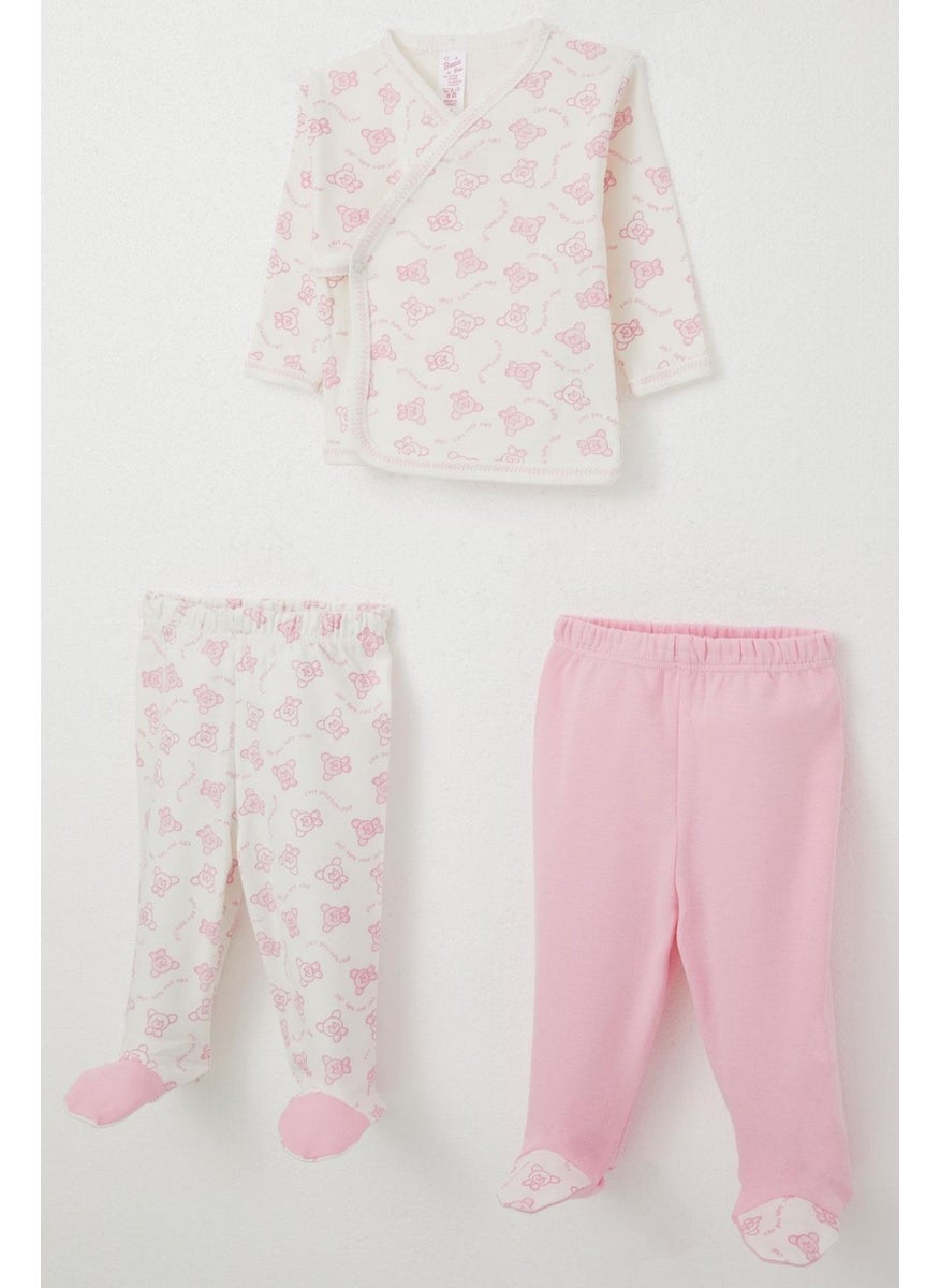 Baby Girl Hospital Release 3 Piece Happy Baby Teddy Bear Pattern 0-4 Months, Ecru