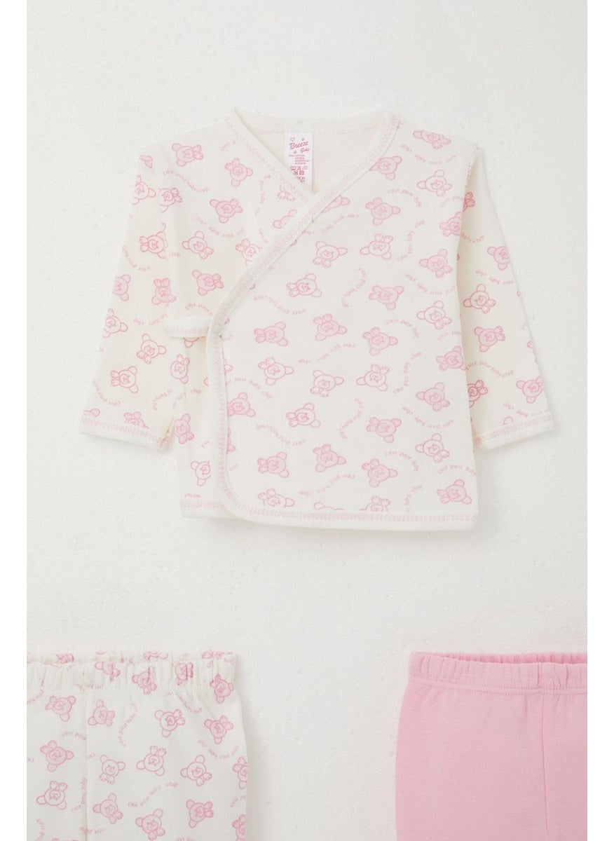 Baby Girl Hospital Release 3 Piece Happy Baby Teddy Bear Pattern 0-4 Months, Ecru