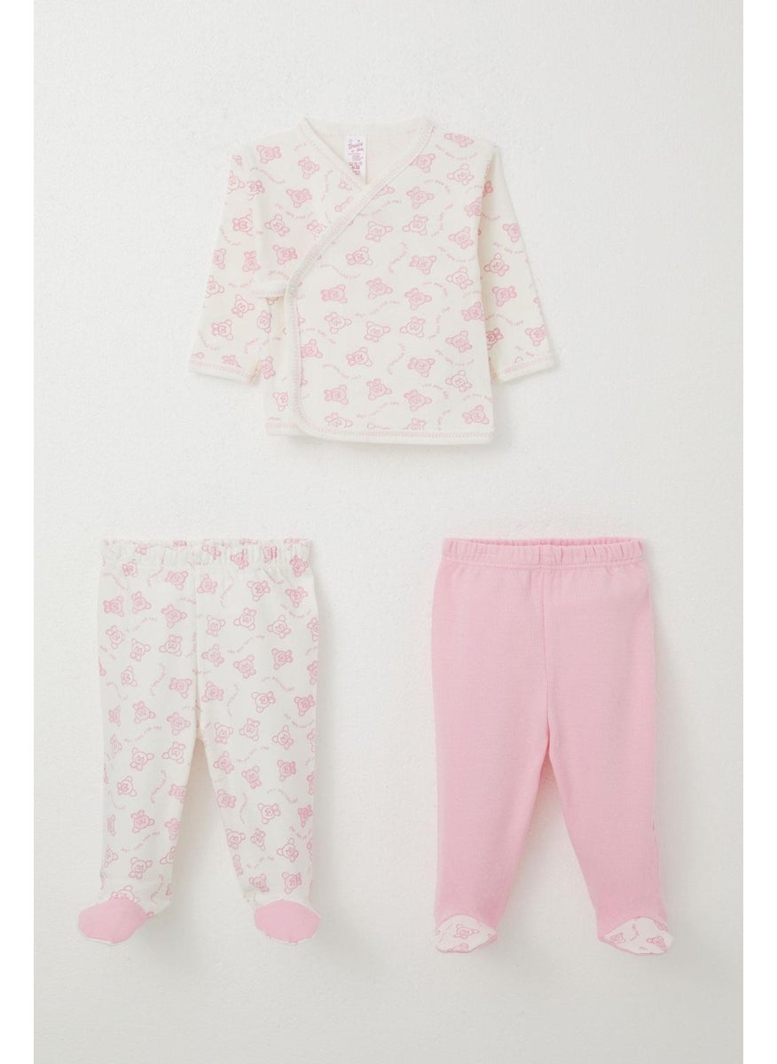 Baby Girl Hospital Release 3 Piece Happy Baby Teddy Bear Pattern 0-4 Months, Ecru