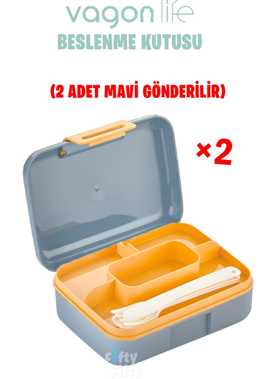 Lunch Box 2 Tiers with Fork, Knife and Spoon Set