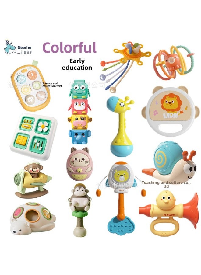 Infants Coax Baby To Turn Happy Busy Board Hand Catch Ball Early Education Whistle Stack High Tambourine Rattle Baby Toy-Color:Blue-kitten Tumbler-color Box