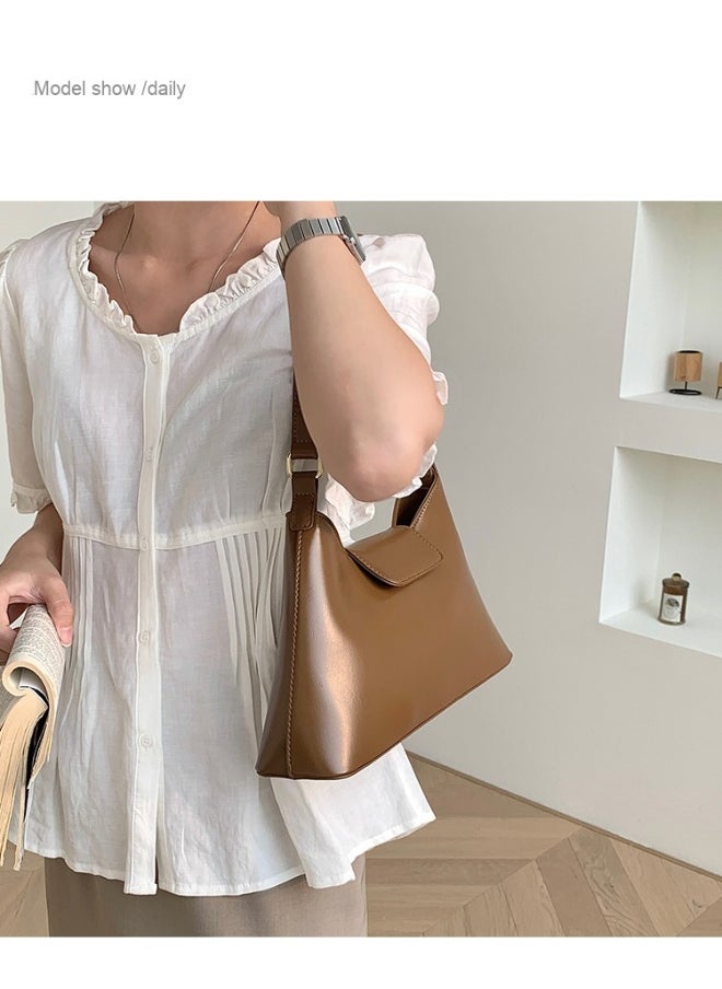 Deluxe Soft Leather Baguette Shoulder Bag Fashion Temperament Retro Tote Daily Commute Underarm Bag