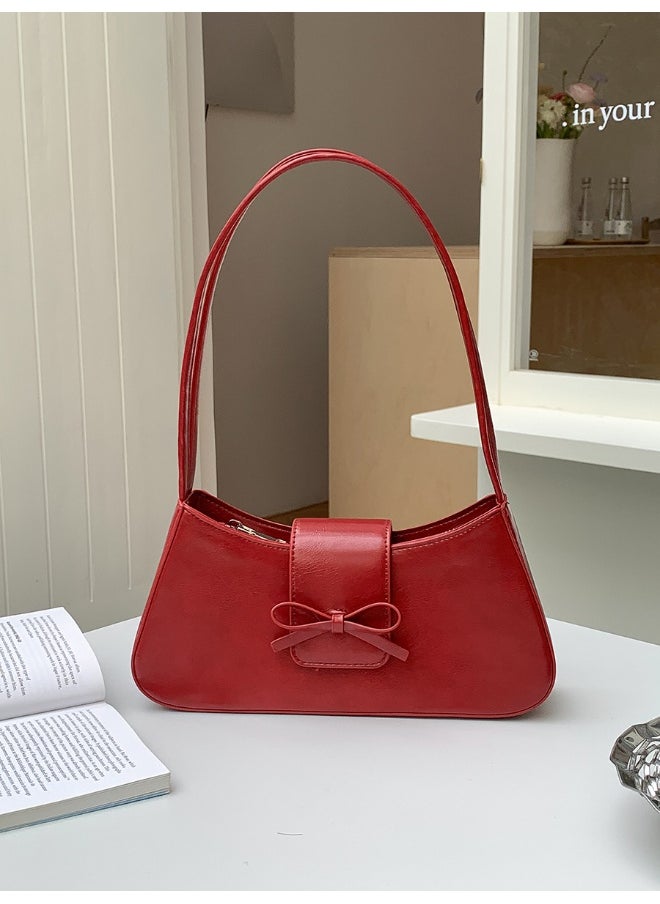Korean Bag Women's Bag Single Shoulder Baguette Bag Fashion Minimalist Bow Underarm Bag